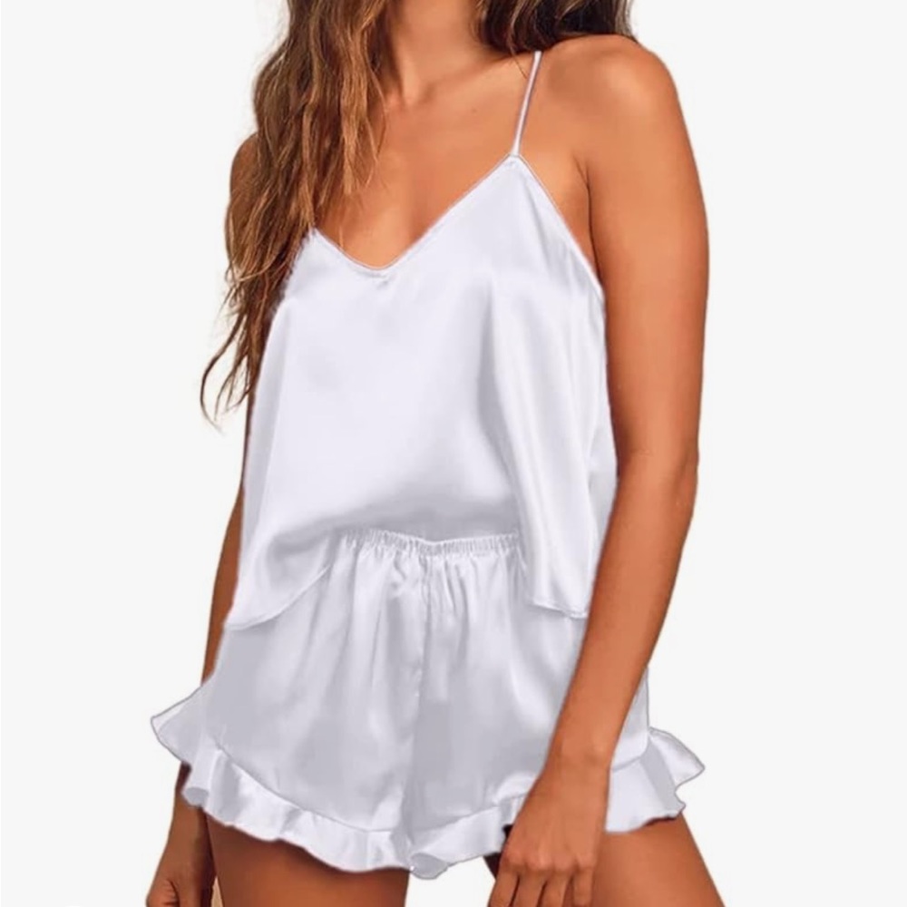 Satin Ruffled Cami & Shorts Pajama Set - White